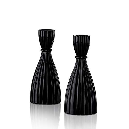 Black Candlestick Holder Set - Glass Taper Candle Holders, Glossy Black Finish, 6 Inch Height, Fits Standard 3/4 Inch Tapered Candles, Modern Kitchen Decor, Party Centerpiece - Pack Of 2 #TOP3