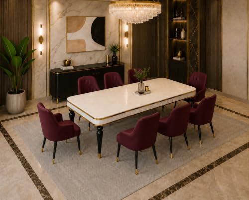 Image of 8 Seater Dining Table Set with Nano Composite Marble Top, Solid Wood Base & 8 Upholstered Chairs, Modern Dining Table Set for Home & Dining Room Furniture