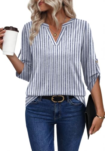 Image of XIEERDUO 3 /4 Length Sleeve Womens Tops V Neck T Shirts Both Side Buttons Blouses Business Casual Outfits Loose Fit