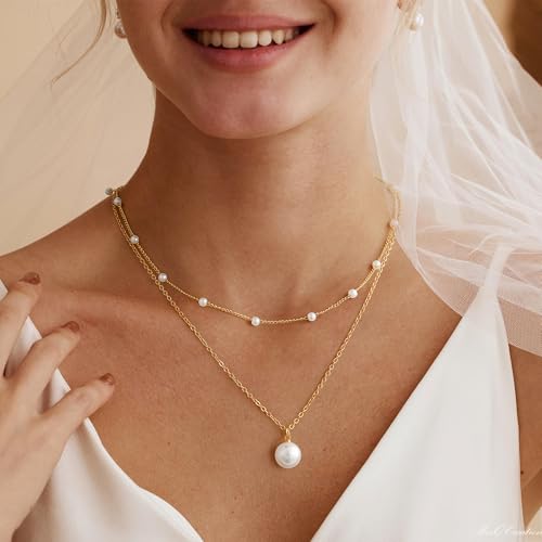 Pearl Necklace for Women, Dainty 14K Gold Plated Layered Single Double Pearl Necklace Wedding Trendy Gold Jewelry for Women Gifts3