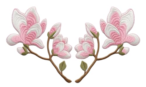 Lot de 2 écussons brodés en forme de branche de fleur de magnolia rose thermocollant 115 x 115 mm