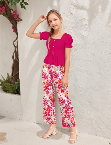 Image of Girls Clothes Solid Color Square Collar Stretch Top and Wide Leg Pants Clothes for Teen Girls 6-14Y