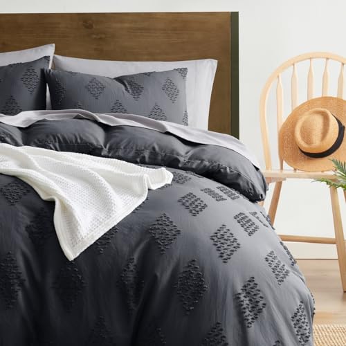 Image of Hearth & Harbor Boho Bedding Sets & Collections - Boho Duvet Cover Twin, 2 Piece Twin Duvet Cover Set, Double Brushed Grey Duvet Cover with Zipper Closure, 1 Duvet Set 68x90 inches and 1 Pillow Sham