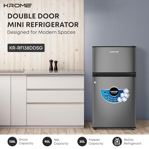 KROME Double Door Refrigerator, 138L Gross / 90L Net Capacity, Direct Cool, Top Mount Freezer, Glass Shelves, Lock & Key, Dark Silver Finish, R600a Refrigerant, KR-RF138DDSG
