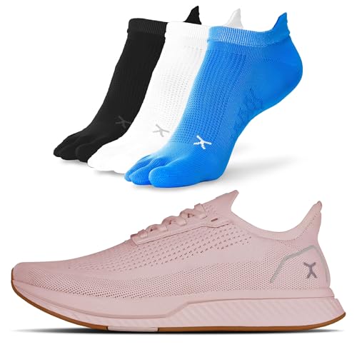 FLUX FOOTWEAR Adapt Bundle – Zero-Drop Running Shoes with Knit Upper & UltraFlex Midsole + 3-Pack Medium No-Show Toe Socks – Lightweight, Breathable, and Versatile – Blush - US Size 9.5