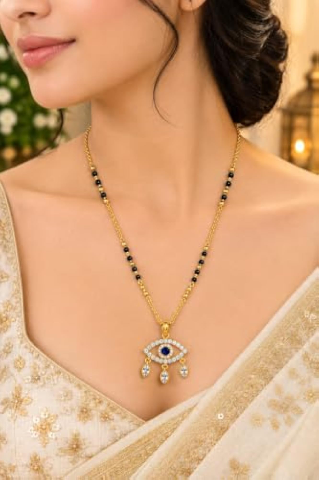 Women's Gold Plated Evil Eye Short Mangalsutra with Zircon Pendant