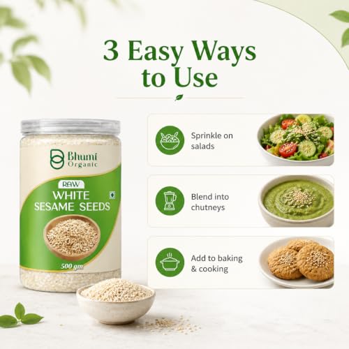 Image of Bhumi Organic Raw White Sesame Seeds 500gm | 100% Clean and Natural White Til, Safed Til Seeds for Eating, Non-GMO, Antioxidant Rich