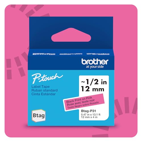Brother ImpressĂŁo preta genuĂna Btag em fita de etiqueta rosa ½" (1,2 cm) x 4 m (4 m)