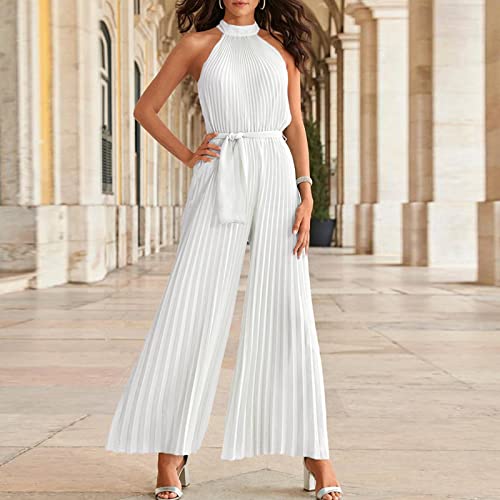 Women Summer Halter Neck Sleeveless Pleated High Waist Belted Dressy Wide Leg Pant One-Piece Jumpsuits Romper (White, S) #TOP1
