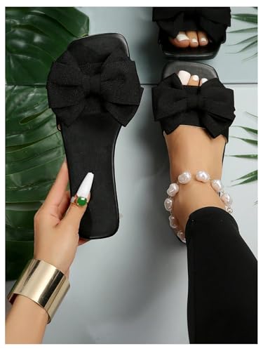 Image of GORGLITTER Women's Gold Sandals Dressy Cute Summer 2026 Bow Square Toe Trendy Beach Boho Wedding Vacation Slides Shoes
