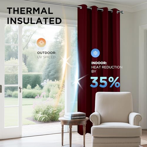 Image of Joydeco Blackout Curtains for Bedroom 55 x 96 Inch, Eyelet Thermal Insulated Energy-saving Drapes for Room Darkening Light Filtering, Long Window Treatments 96 Inch Drop, 2 Panels - Burgundy Red