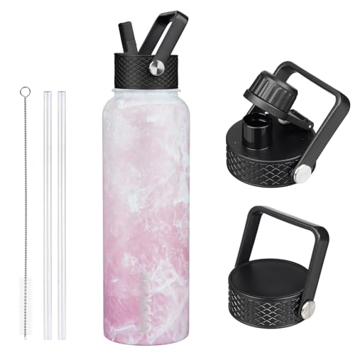 BJPKPK Insulated Water Bottles with Straw Lid, 40oz Stainless Steel Water Bottles with 3 Lids, BPA Free Leakproof Thermo, Tumblers, Cups for Sports, Gym- Blossom