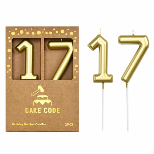 CAKE CODE 2.76 Inch Classical Gold 17 Number Birthday Candles, Gold Number Candles, Cake Number Candles, Party Celebration