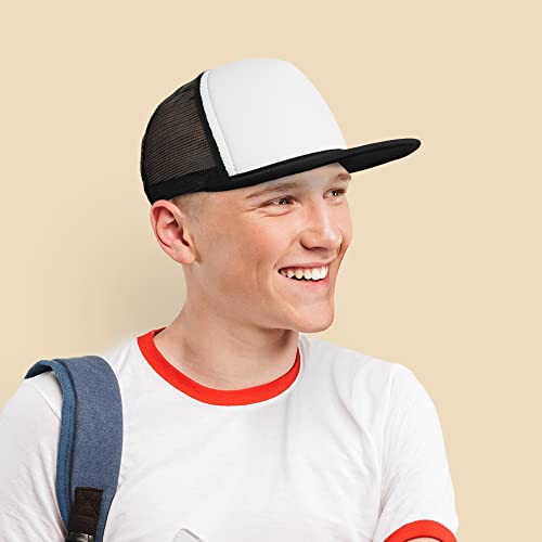Flat Billed Trucker Cap With Mesh Back In Black-White #TOP4