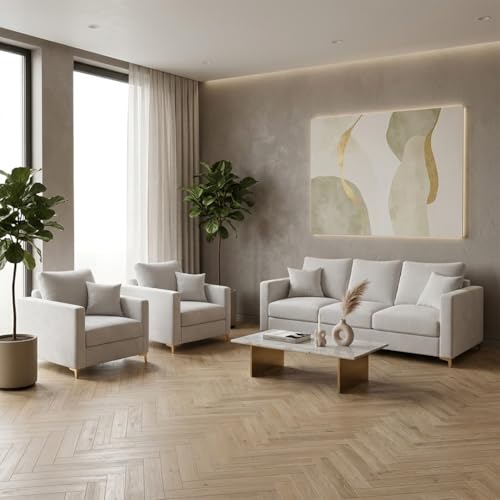 Image of Hayes Rich Velvet Suede 3+1+1 Seater Sofa Set | Golden Aesthetic Legs | Soft Touch Comfort Seating | 5 Person Seating | Modern Living Room Set (Light Gray)