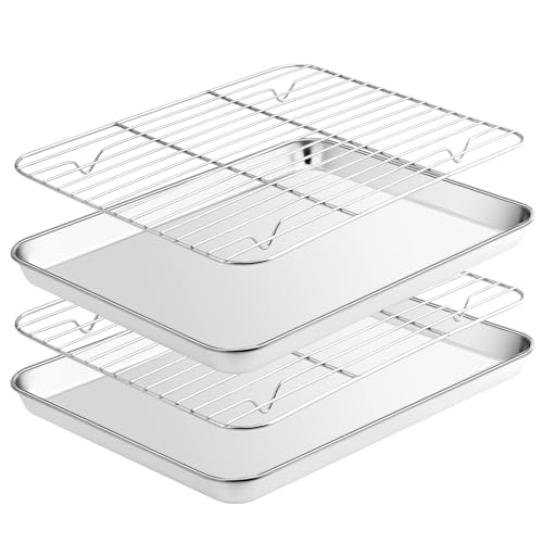 Fire More Edelstahl Backblech mit Abkühlgitter(2 Backblech+2 Abkühlgitter), 31,5x24,5x2,5cm, Backform Rechteckig Ofenblech mit Kuchengitter Set, ungiftig & leicht zu reinigen