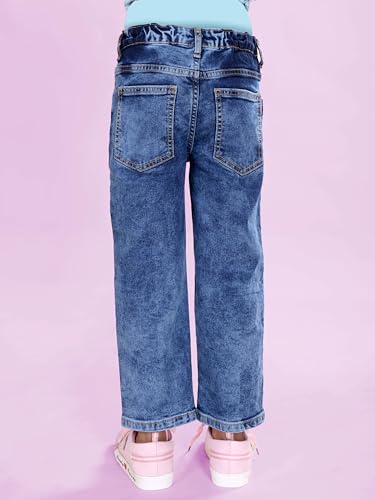 Image of KiddoPanti Girls Solid Waist Elasticated Straight Fit Jeans