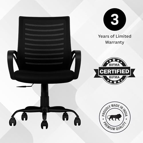 Image of Align Bliz Mesh Computer Chair for Work from Home, Ergonomic Office Seating with Height Adjustment, Armrest Support, Ventilated Backrest, Smooth Swivel Base, 3 Years Warranty - (Black, Mid Back)