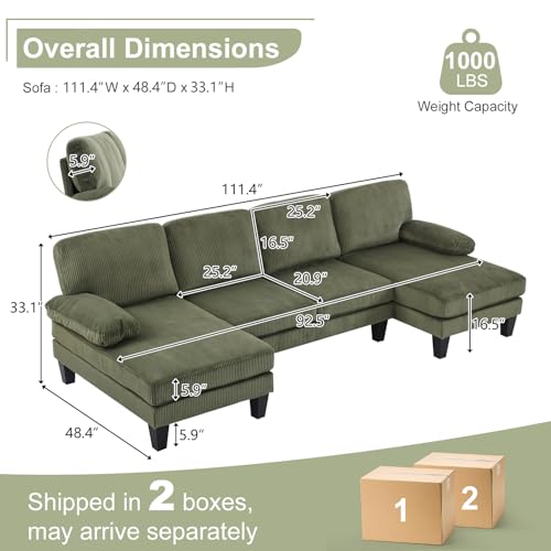 Image of Karl home Compact U-Shape Sectional Sofa Couch 111 inch 4-Seat Green | Modern, Corduroy Fabric Upholstered, Double Chaise, Wood Grain Legs for Living Room, Home Office, Apartment, Studio