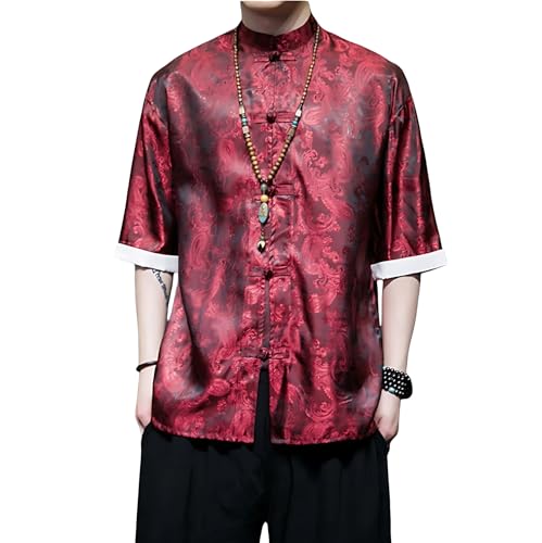 Men's Kung Fu Shirt,Traditional Chinese Hanfu Tang Suit Coat with Silk Printing,Half Sleeve Top for Casual Summer Outfits Wine Red