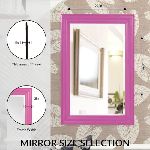Image of Howard Elliott George Rectangular Glossy Hot Pink Wall Mirror, Rectangle Hanging Wood Framed Vanity Mirrors for Home Decor, Living Room, Bathroom, Bedroom, or Hallway, 24 x 36 Inch