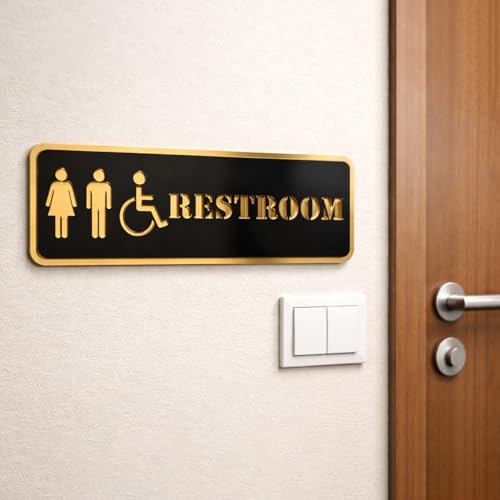 Image of Restroom Oval Acrylic Signage Sticker - Self-Adhesive Toilet Sign for Office, Hotel, Cafe, Restaurant, & Shop Black Gold Label for Glass & Smooth Surfaces