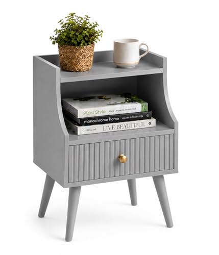 Image of ETIQUETTE ART Modern Fluted Nightstand with Drawer and Open Storage Shelf, Bedside Table with Round Edge, Boho Night Stand with Solid Wood Legs & Knob Handle End Table for Bedroom (Grey)