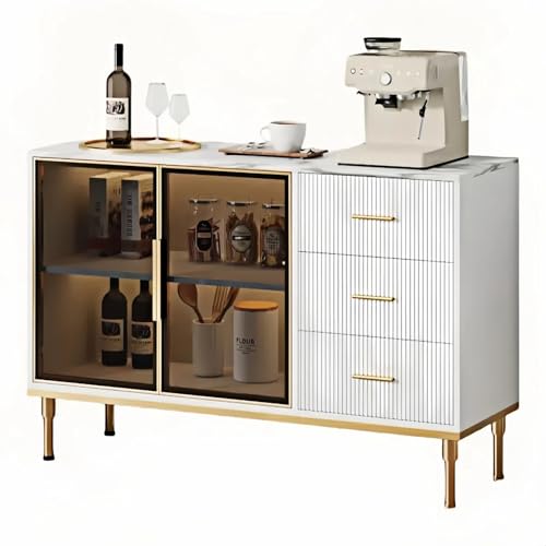 GAOMON Buffet Sideboard Cabinet with Storage, 46.4" Large Fluted Kitchen Sideboard Cabinet with 2 Glass Doors 3 Drawers and Shelves, Faux Marble Top Buffet Table for Dining Room, Living Room, White