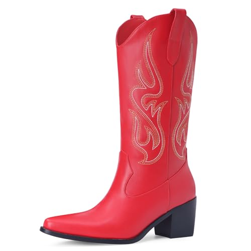 Image of Pasuot Cowboy Boots for Women - Cowgirl Western Mid Calf Boots with Embroidery, Pointed Toe Retro Chunky Heel Slip On Fashion Classic Short Boots Pull On for Ladies Summer Fall