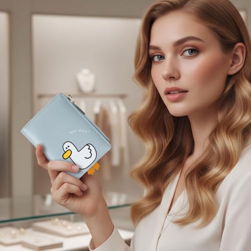 Image of Small Womens Wallet, Cute Bifold RFID Blocking Vegan Wallet for Teen Girls Ladies with Zipper Coin Pocket (Duck Blue)