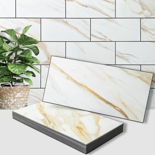 Comparison: Best Backsplash For Calacatta Gold Quartz 5 AULIGET 6" x 12" Calacatta Gold Peel and Stick Backsplash Wall Tiles, PVC Faux Stone Stick on Tiles for Backsplash Kitchen, Bathroom, Laundry Room, Camper, Fireplace (Pack of 20)