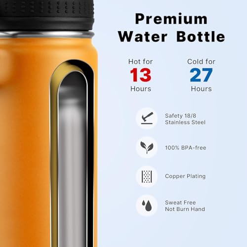 Image of koodee Water Bottle with Straw-16 oz Stainless Steel Double Wall Vacuum Insulated Water Flask Metal Sports Water Bottle for School (Mango Yellow)