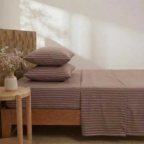 Image of Merryword Brown Pinstripe Sheet Set Queen Size - 100% Cotton Striped Bedding 4 Pieces, Soft Breathable Percale Weave, 17.5 inch Deep Pocket, Luxury Linen Like, All Season Comfort