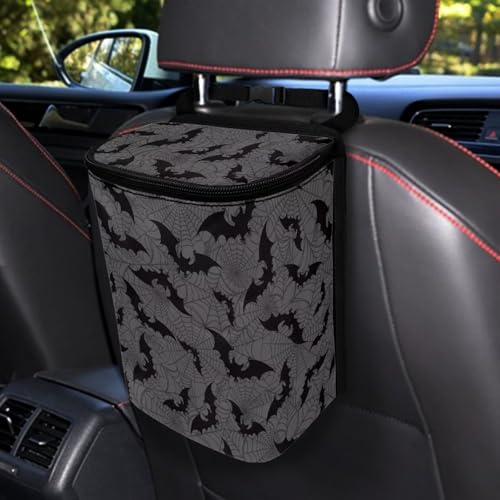 Image of Talayituse Bat Spider Web Print Car Trash Can with Adjustable Straps, Car Trash Bag Bin Halloween Decoration Car Garbage Bag Multipurpose Storage Box for Vehicle Travel Camping Picnicing