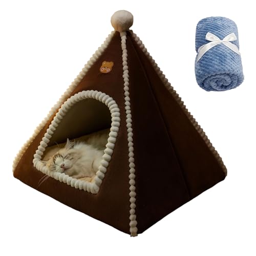 【ABABON】25年新ペットハウス クリスマスキャットハウス 秋冬用密閉保温キャットハウステント 折りたたみ可能 クリスマスキャットハウス 冬用 ペットベッド 防寒 室内用 防滑 柔らか 通気性あり カウチ付き 猫犬共用 快適 (ブラウン+カーペット枚,
