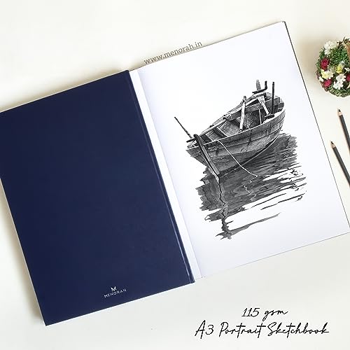Image of MENORAH Paper Artist Sketch Book - A3-115 Gsm (160 Pages / 80 Sheets) Drawing Notebook - Hard Bound Book - (42 Cm X 29.7 Cm) - Completely Handmade - Portrait-Dark Blue, Watercolor