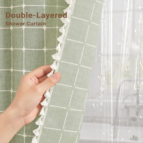 Image of BTTN 3 in 1 Shower Curtain with PEVA Liner, Sage Green Boho Linen Fabric Shower Curtain Set with Plastic Hook, Farmhouse Bohemian Country Cute Waterproof Cloth Shower Curtain for Bathroom, 72x72