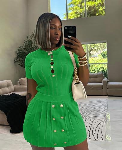 Image of Two Piece Outfits for Women Summer Going Out Knit Crop Tops Pleated Mini Skirt Sets Short Sleeve Mini Dress