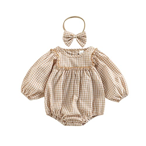 Douhoow Infant Baby Girl Plaid Romper Baby Sweatshirt Romper Ruffle Festival Clothes Fall Winter Outfits with Headband (Khaki plaid, 3-6 Months)