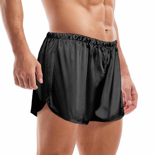 Mens Satin Boxers 3 Inch Inseam Silk Shorts Sexy Underwear Pajama Bottoms Large Split Sides