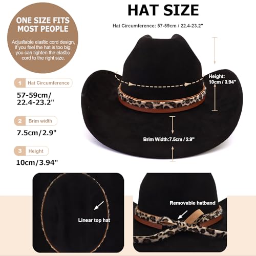 Image of Classic Suede Cowboy Hat for Adult Wide Brim Western Cowgirl Hat Women Fedora Hat with Leopard Print Hatband