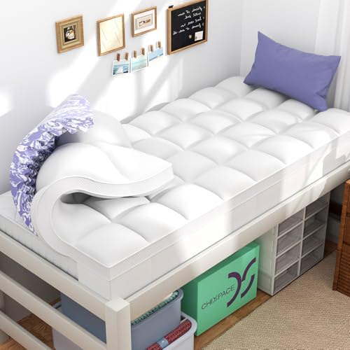 Image of ChiXpace Dual Layer Memory Foam Twin XL Mattress Topper - 3 Inch Cooling Pillow Top Cover Rayon and 2 Inch Gel Egg Crate Foam, Twin XL Extra Long College Dorm Room Essentials (Cream)