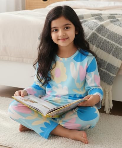 Image of Anthrilo Pajama T-Shirt Set for Girls | Kids Night Suit for Girls | Nightwear | 100% Cotton Pyjama Set Aqua Flower Print Aqua | Long Sleeve T-Shirt and Pajama | Kids Girls Sleepwear | 8-9 Years