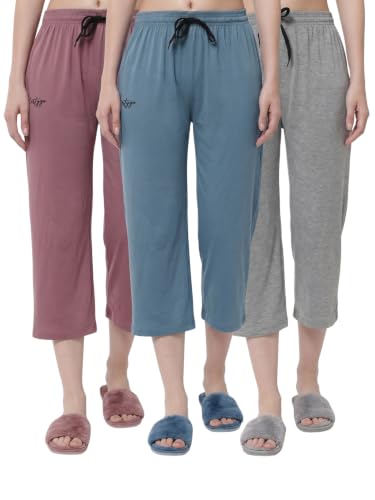 Image of Fflirtygo Women's Cotton Plain Calf Length Capri | Nightwear Pajama | 3 /4th Solid Pyjama Pant | Black Navy and Lavender Lounge Pants | Casual wear & Lounge Wear Capri Combo (Pack of 3)