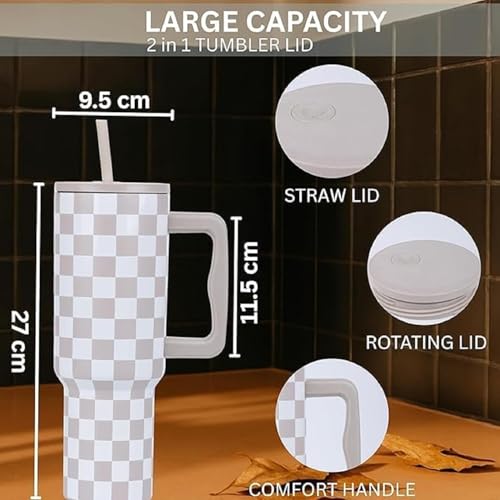 Image of Stainless Steel 1200 ml Vacuum Tumbler with Lid & Straw - Double‑Wall Insulated Cup for Travel, Gym & Office - Keeps Beverages Hot or Cold - 1.2 L Capacity (Cream Checks)