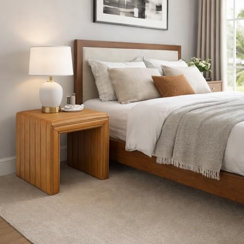 Image of HomePop 19 inch Modern Channel Tufted Ottoman - Carmel Brown Faux Leather