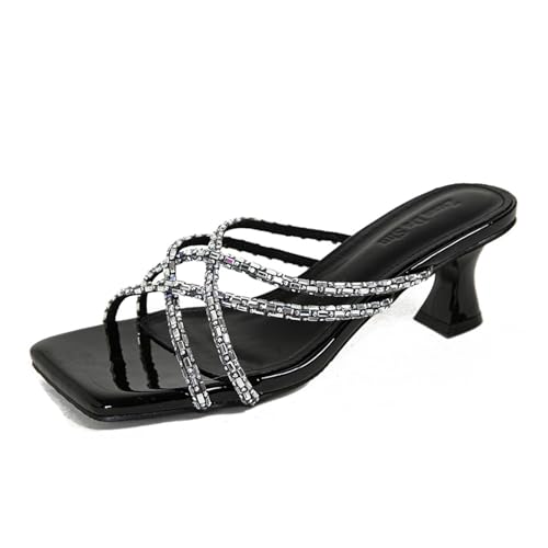 Women's Rhinestone Strappy Kitten Heels Sandals Comfortable Soft Insole Square Open Toe Slip On Low Heel Sandals for Summer Casual Dressy Party Wedding