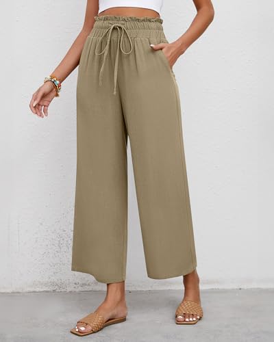 Riyiper 2 Pcs Women's Wide Leg Pants, Casual Linen High Waisted Cropped Trousers with Pockets Drawstring Loose Palazzo Pants (Black, Khaki, XX-Large)2
