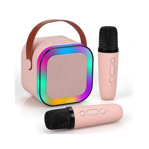Caixinha de Som 1 ou 2 Microfone Karaoke Portátil Infantil com Caixa de Som Bluetooth, Luzes LED Dinâmicas, 2 Microfones Sem Fio, Ideal para Festas, Crianças e Adultos (Rosa, 2 Microfones)