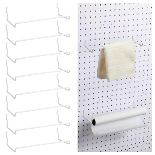 MOROBOR 8 Pcs Medium Paper Towel Holder Accessories, Pegboard Paper Towel Holder Pegboard Accessories for Craft Room, Laundry Room, Bathroom, Pegboard Extendable Peg Board Organizer (White)